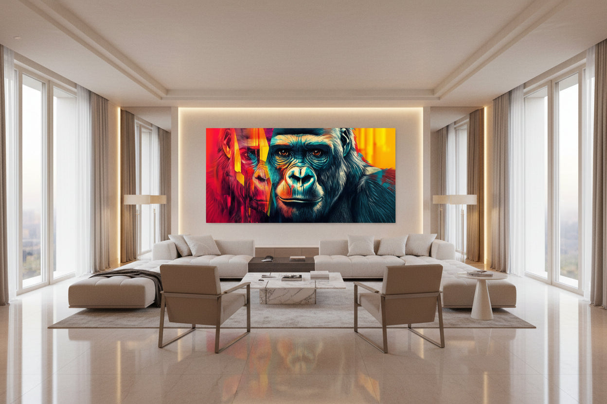 Modern living room with a colorful gorilla painting on the wall.