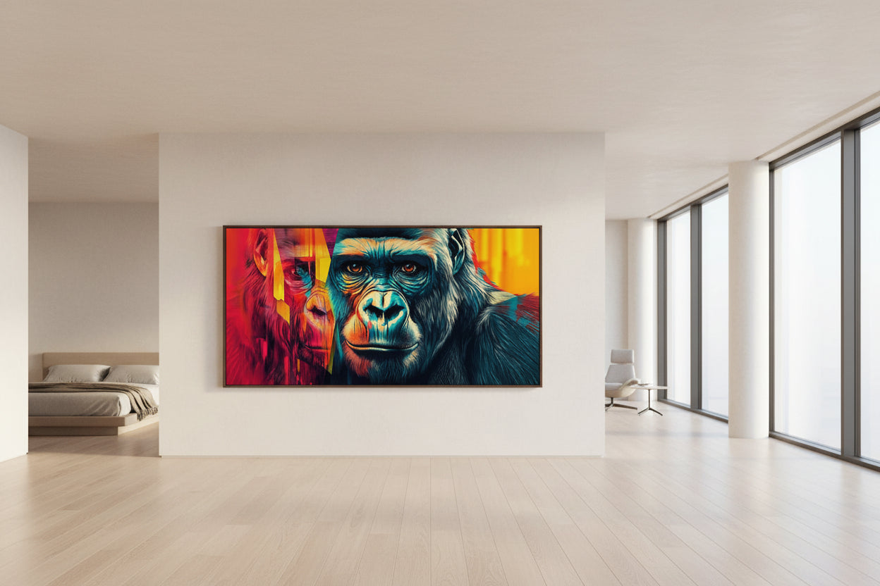 Large 300 cm wide gorilla artwork installed across long gallery wall with extra-high ceilings and natural light.