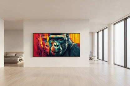 Large 300 cm wide gorilla artwork installed across long gallery wall with extra-high ceilings and natural light.