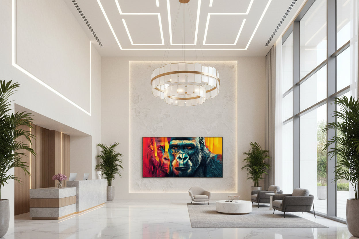 Large gorilla statement artwork centered on monumental wall in luxury hotel lobby with grand ceiling height.