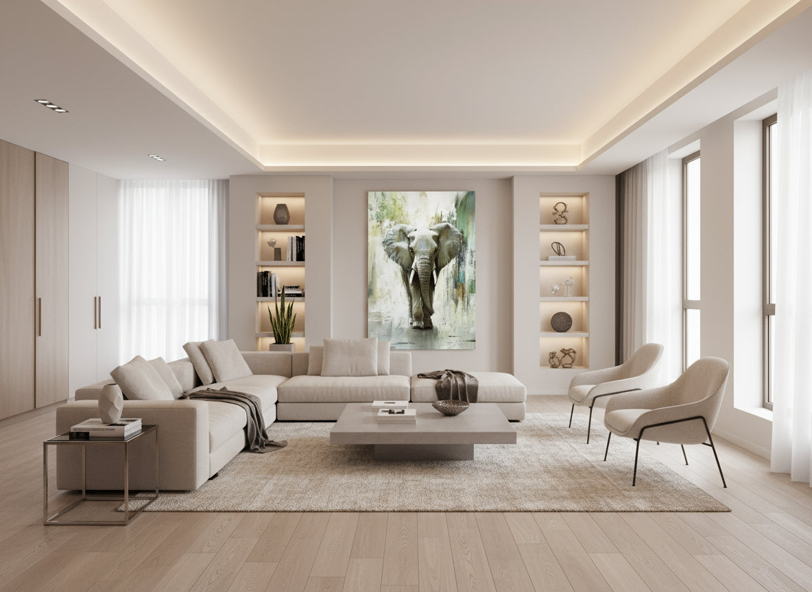 Elegant, modern living room with a large elephant painting on the wall