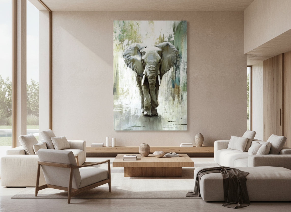 Modern living room with a large elephant painting on the wall