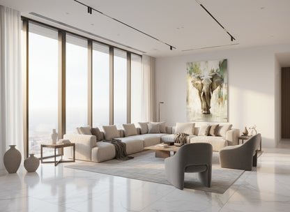 Modern living room with large windows, neutral color scheme, and decorative elephant artwork.