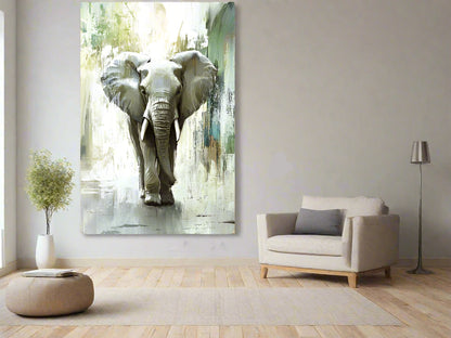 Living room with a large elephant painting on the wall, a beige armchair, and a small plant.
