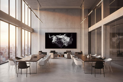 Modern office space with large windows, tables, chairs, and Artistic depiction of a bull on a large feature wall