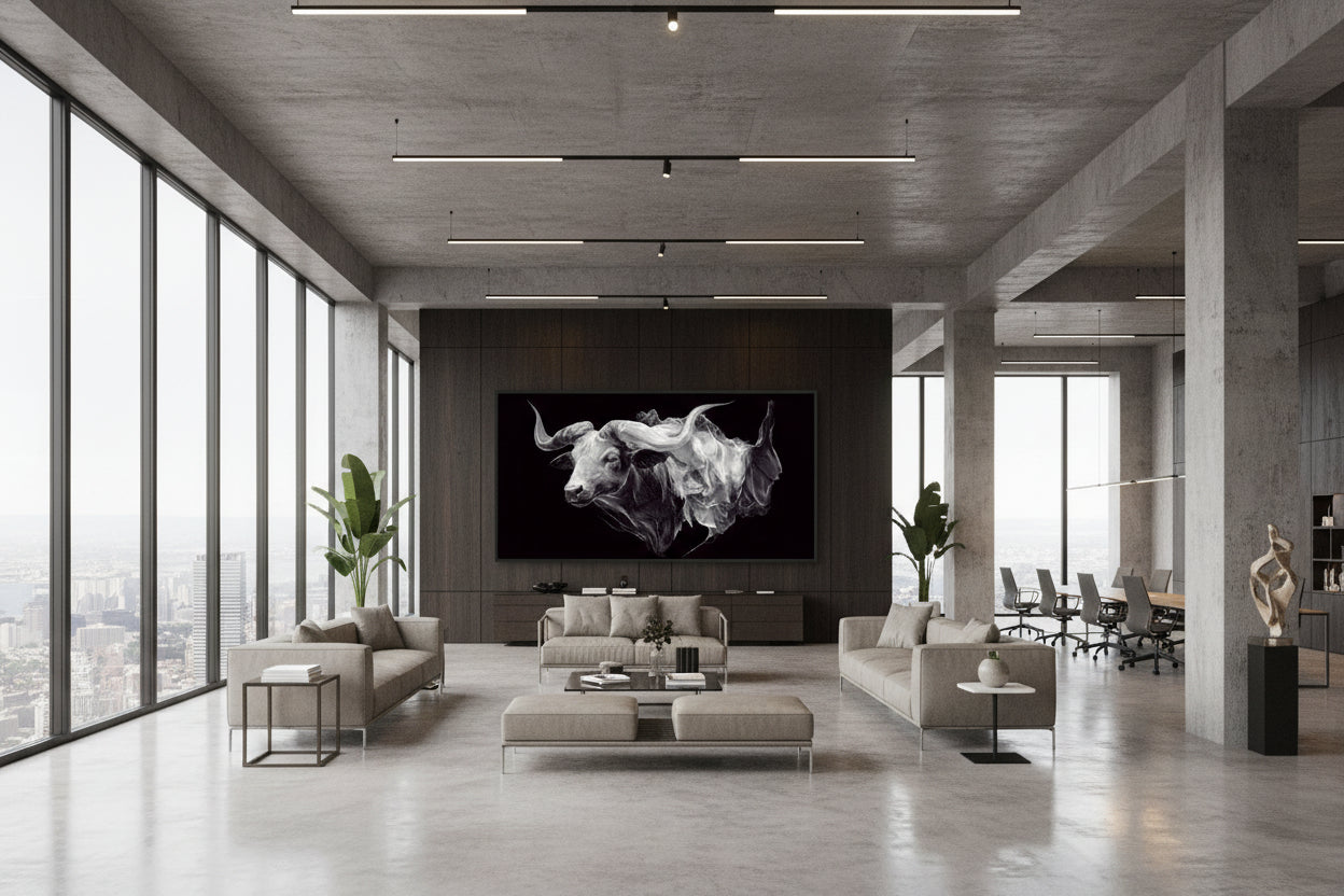 Modern living room with an Artistic depiction of a bull on a dark wall mounted above a dark console, sofas, chairs, and a large window.