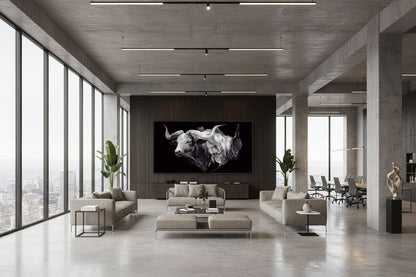 Modern living room with an Artistic depiction of a bull on a dark wall mounted above a dark console, sofas, chairs, and a large window.