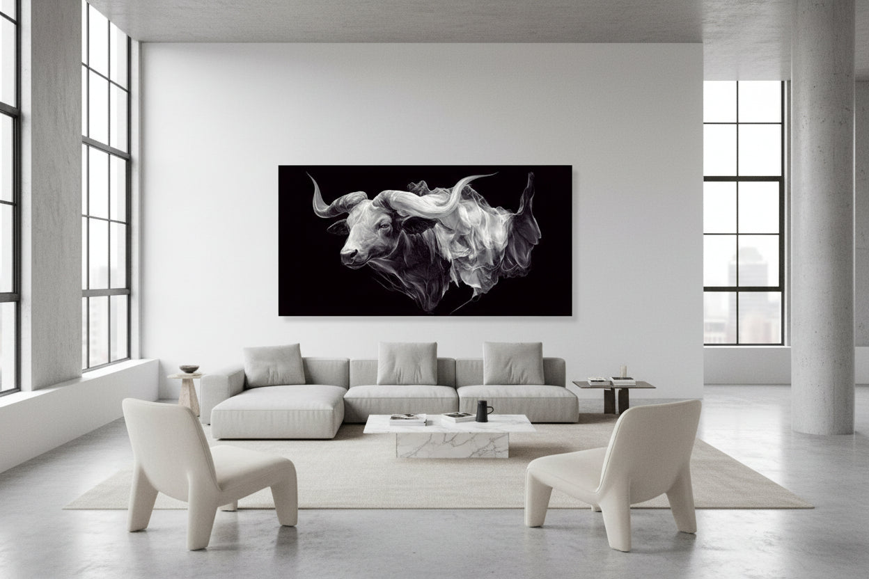 Modern living room with a large abstract painting of a bull on the wall.
