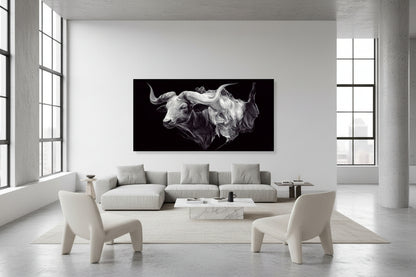 Modern living room with a large abstract painting of a bull on the wall.