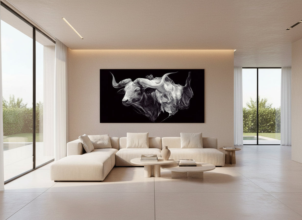 Black and white ox artwork hanging in a bright Scandinavian living room with high ceilings, large windows, and light neutral furniture. The striking monochrome ox contrasts with the soft, minimalist interior, creating a dramatic yet elegant centerpiece.