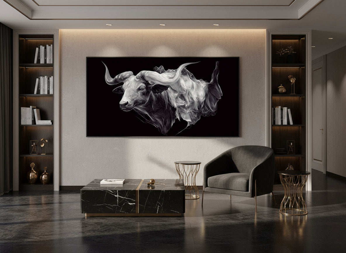 Modern living room with a large abstract bull painting on the wall.