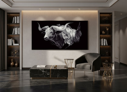 Modern living room with a large abstract bull painting on the wall.