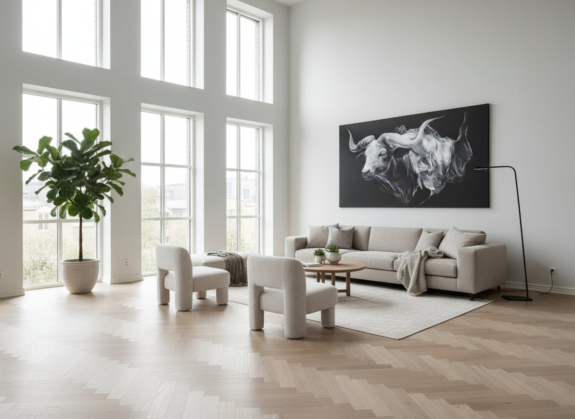 Modern living room with a gray sofa, white chairs, and a large abstract ox painting on the wall.