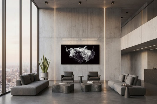 Black and white ox artwork hanging in a exclusive corporate reception with high ceilings, large windows, and elegant furniture. The striking monochrome ox contrasts with the lighter, minimalist interior, creating a dramatic yet elegant centerpiece