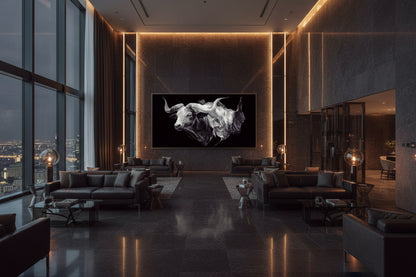 Modern lounge area with a large wall-mounted Artistic depiction of a bull on a dark wall, surrounded by furniture and large windows, city view