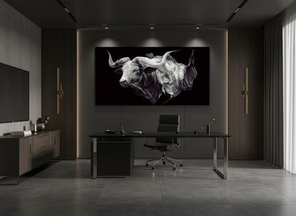 Modern office with a large abstract painting on the wall