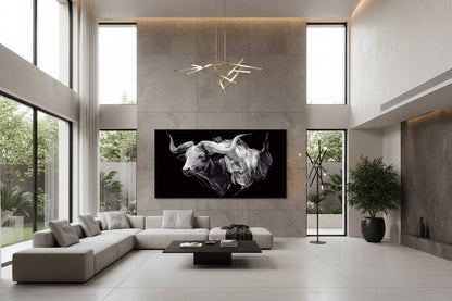 Modern living room with a large Artistic depiction of a bull on a large feautre wall