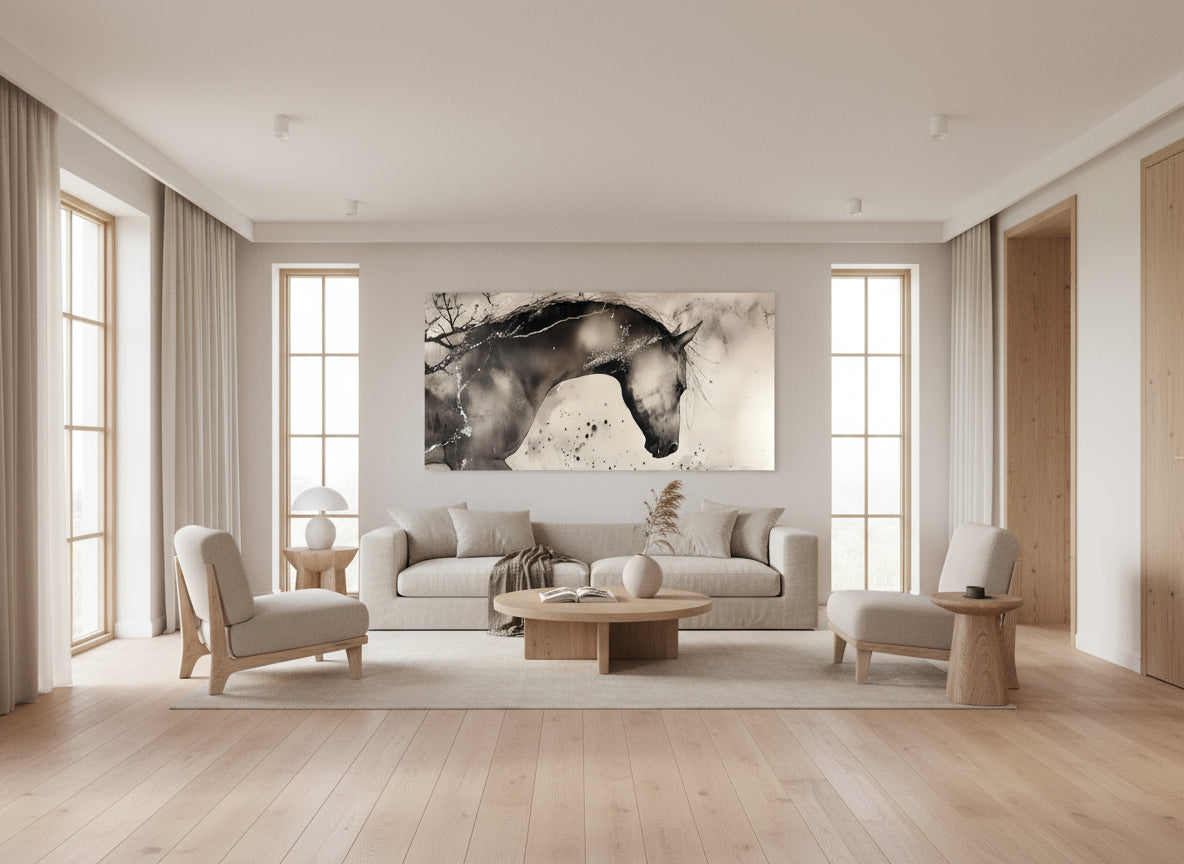 Modern living room in light tones with a statement abstract horse painting on the wall