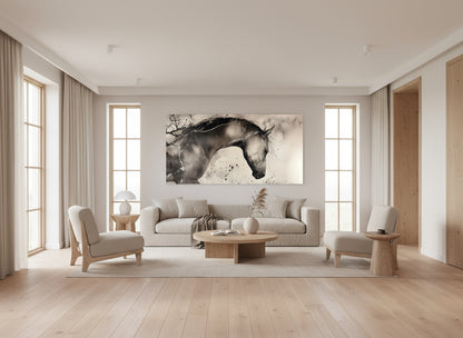 Modern living room in light tones with a statement abstract horse painting on the wall