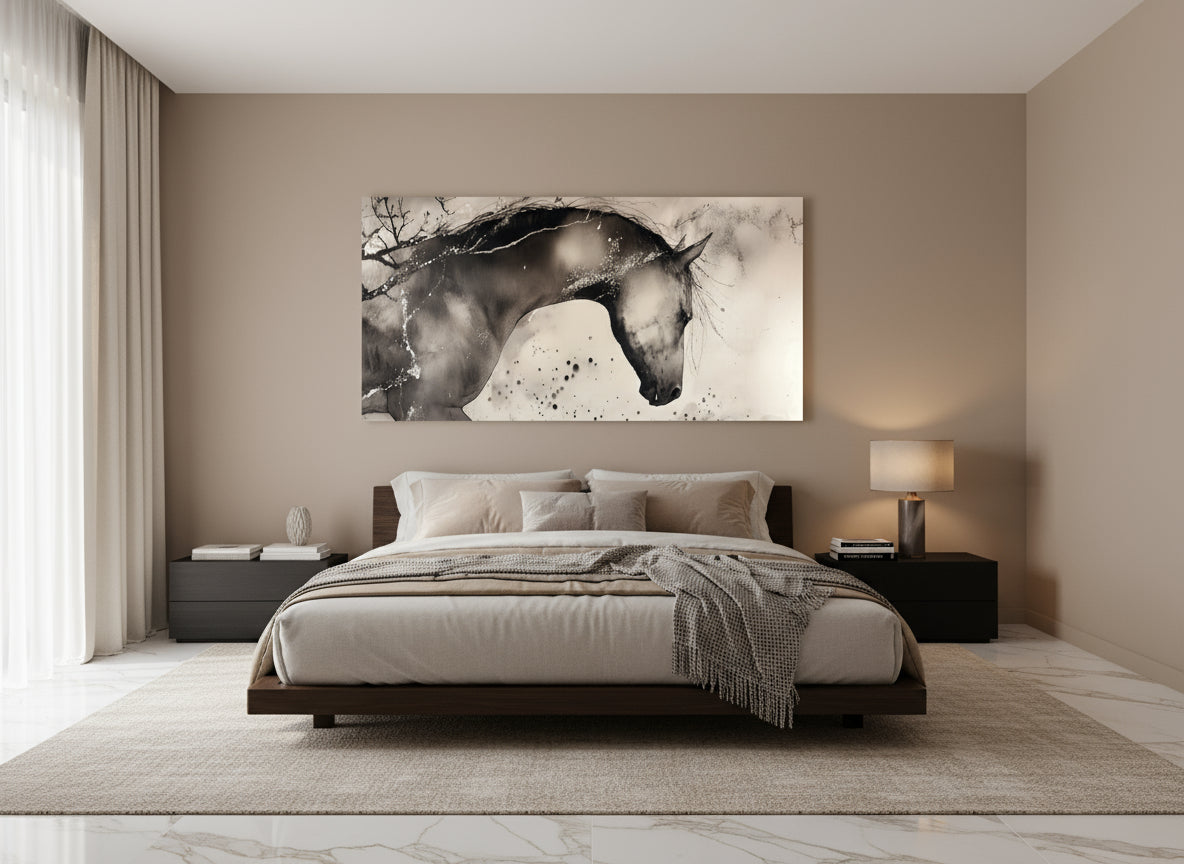 Elegant modern bedroom with a large statement abstract horse painting on the wall.
