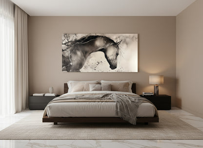 Elegant modern bedroom with a large statement abstract horse painting on the wall.