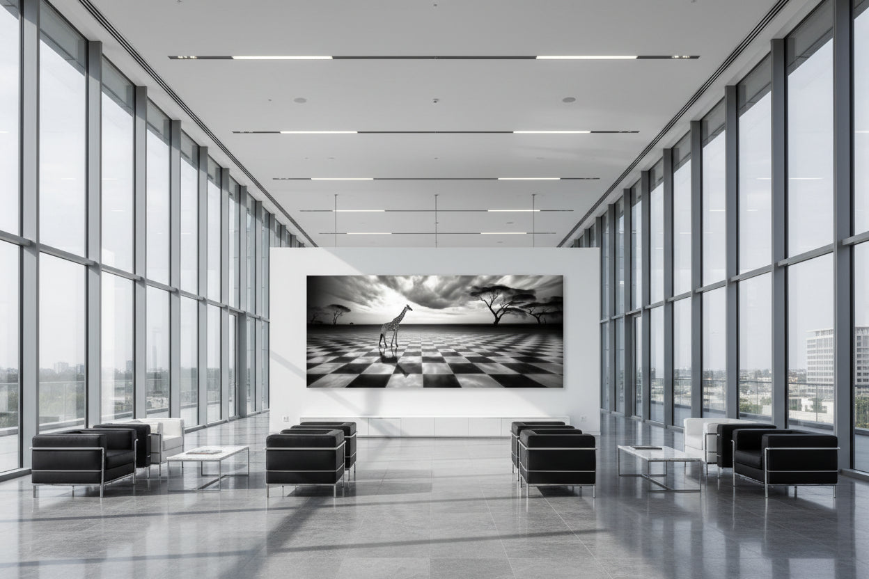 131 × 300 cm giraffe statement artwork displayed in a modern commercial atrium with floor-to-ceiling glass walls and black lounge seating.