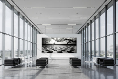 131 × 300 cm giraffe statement artwork displayed in a modern commercial atrium with floor-to-ceiling glass walls and black lounge seating.