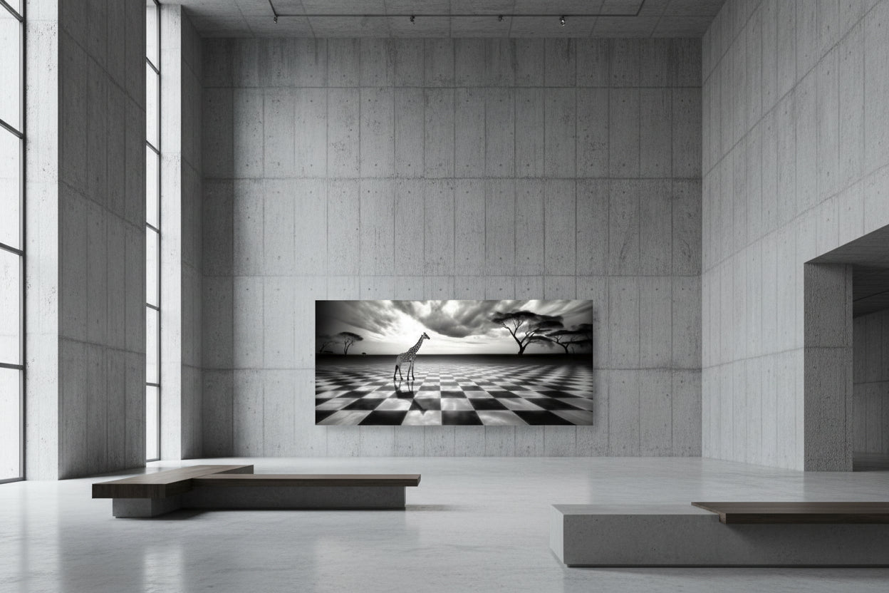 Large 131 x 300 cm giraffe wall art mounted on monumental concrete wall in gallery with tall ceilings.