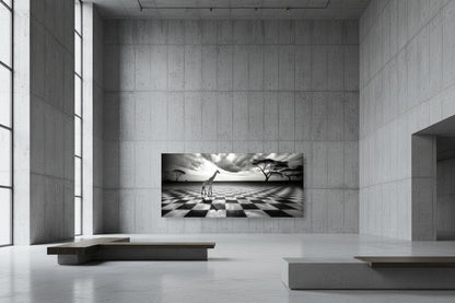 Large 131 x 300 cm giraffe wall art mounted on monumental concrete wall in gallery with tall ceilings.