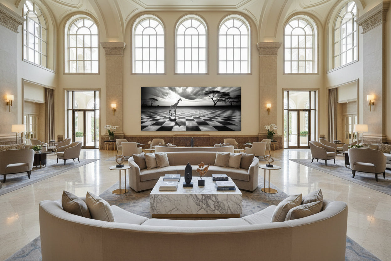 Oversized 131 × 300 cm black and white giraffe artwork mounted in a grand hotel lobby with high ceilings and arched windows.