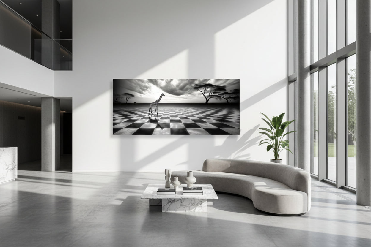 Large-scale 131 × 300 cm wildlife wall art installed in a contemporary concrete lobby with curved seating and marble coffee table.