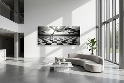 Large-scale 131 × 300 cm wildlife wall art installed in a contemporary concrete lobby with curved seating and marble coffee table.