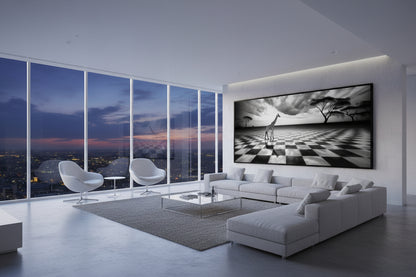 131 × 300 cm limited edition giraffe wall art displayed in a modern penthouse living room with panoramic city skyline views.