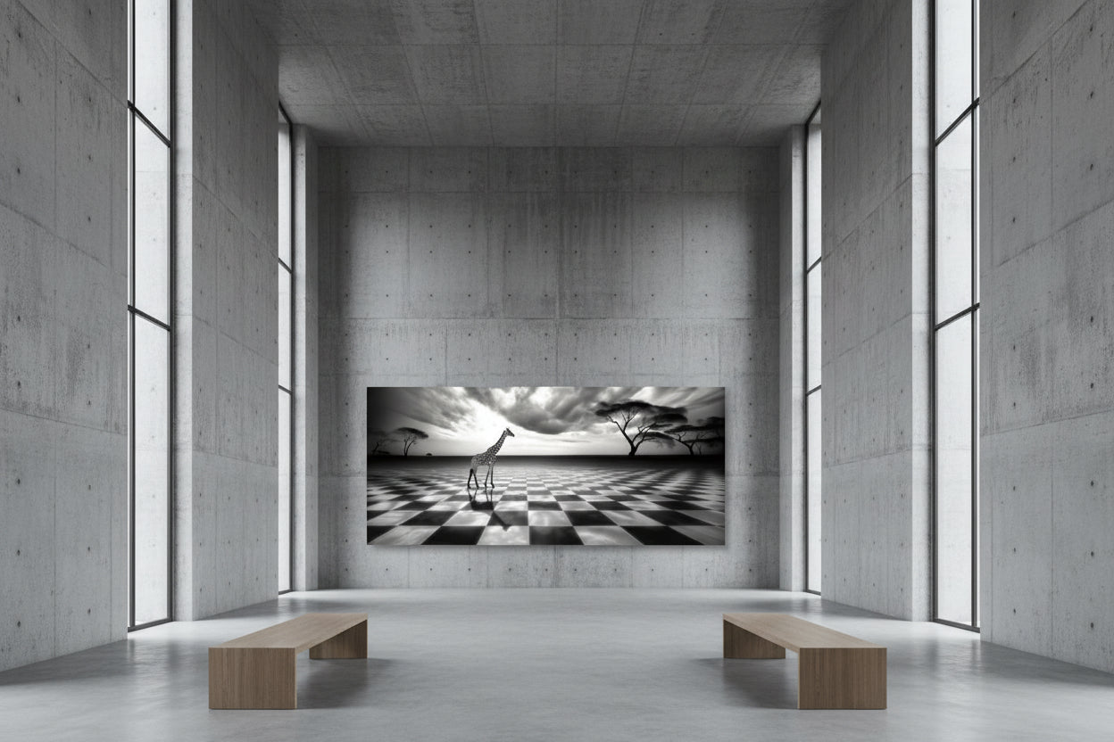 Large 131 x 300 cm giraffe wall art mounted on monumental concrete wall in gallery with tall ceilings.
