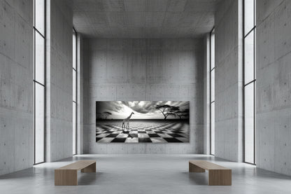 Large 131 x 300 cm giraffe wall art mounted on monumental concrete wall in gallery with tall ceilings.