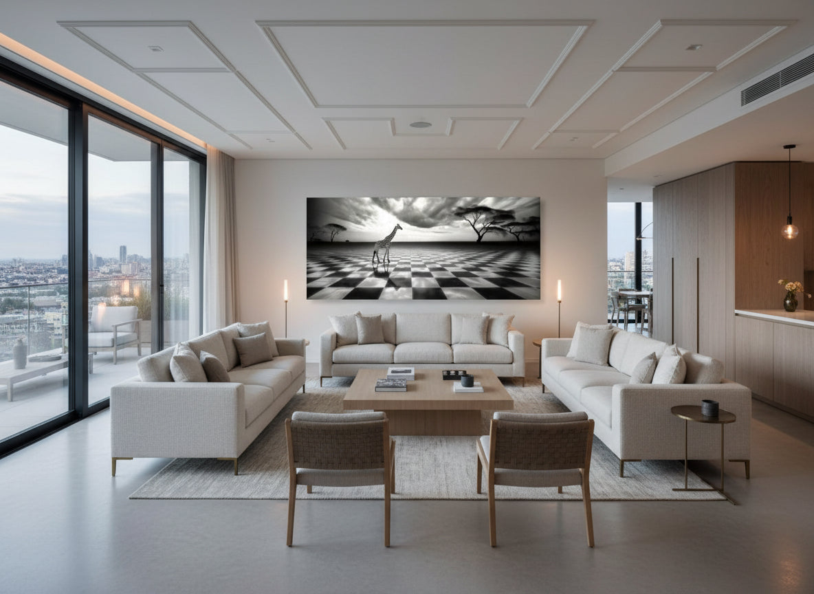 Modern living room with white sofas, wooden chairs, and a large abstract painting on the wall.