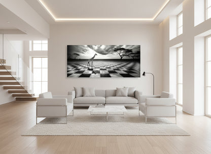 Luxury villa living room with cool neutral tones, bright natural light, and an oversized abstract Fine art giraffe artwork on the wall.