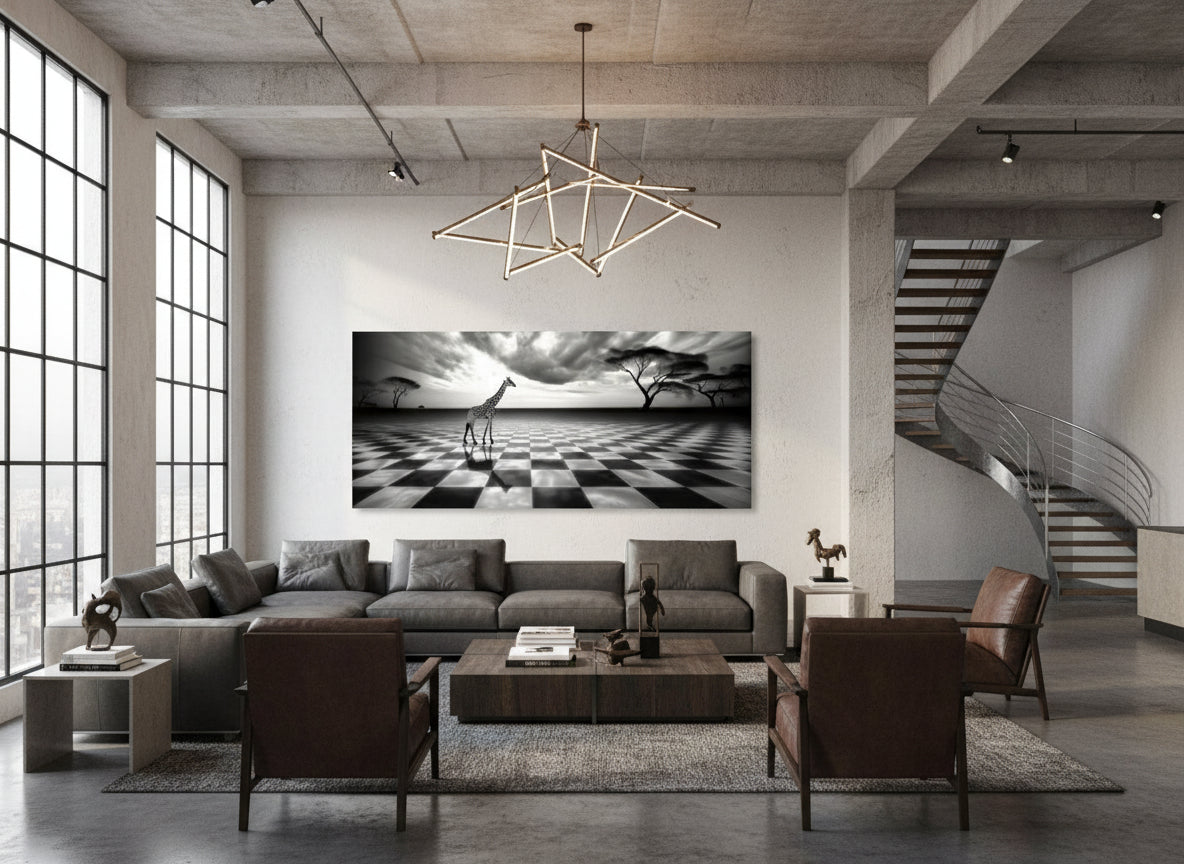 Modern living room with a large sofa, chairs, and an oversized abstract Fine art giraffe artwork on the wall.