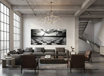 Modern living room with a large sofa, chairs, and an oversized abstract Fine art giraffe artwork on the wall.