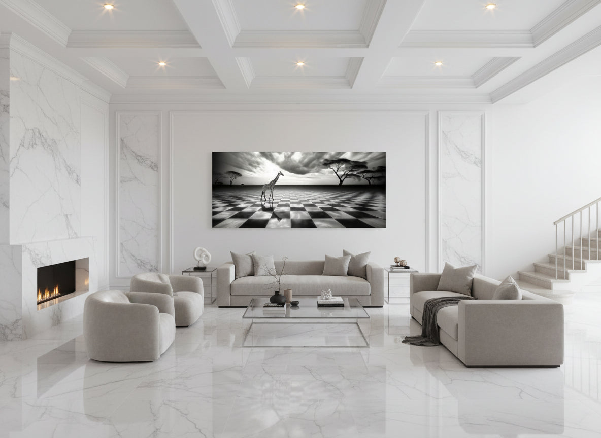 Modern living room with white furniture, and an oversized abstract Fine art giraffe artwork on the wall.