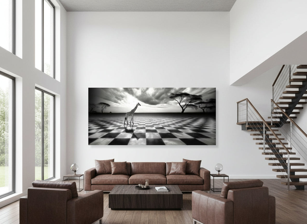 Modern living room with a brown sofa, wooden coffee table, and an oversized abstract Fine art giraffe artwork on the wall