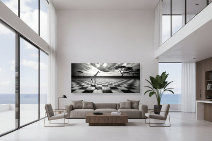 131 × 300 cm oversized giraffe fine art print installed in a modern double-height villa with floor-to-ceiling windows and ocean views.