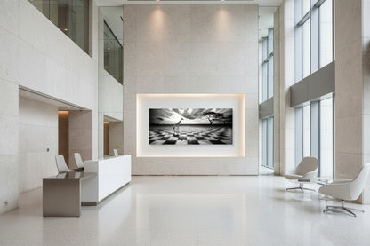 Modern office lobby with a large abstract statement picture on the wall