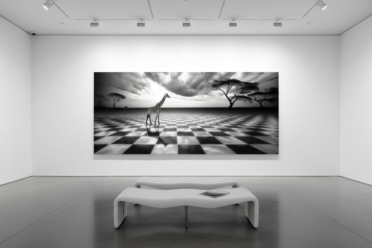 131 × 300 cm limited edition giraffe wall art exhibited in a contemporary white gallery with a central sculptural bench.