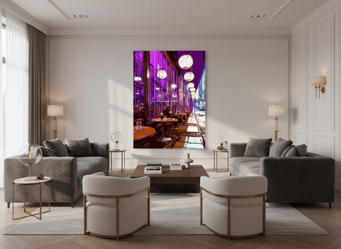 Modern living room with gray sofas, white chairs, and a large wall art of a restaurant.