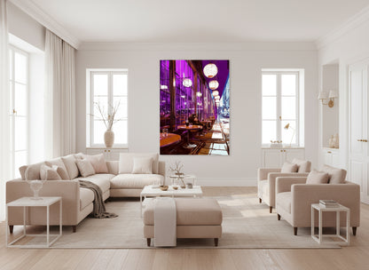 Modern living room with beige furniture and a large wall art piece.