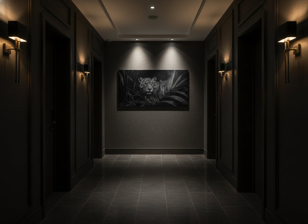 Dark hallway with a large fine art print of a jaguar in a dimly lit room.