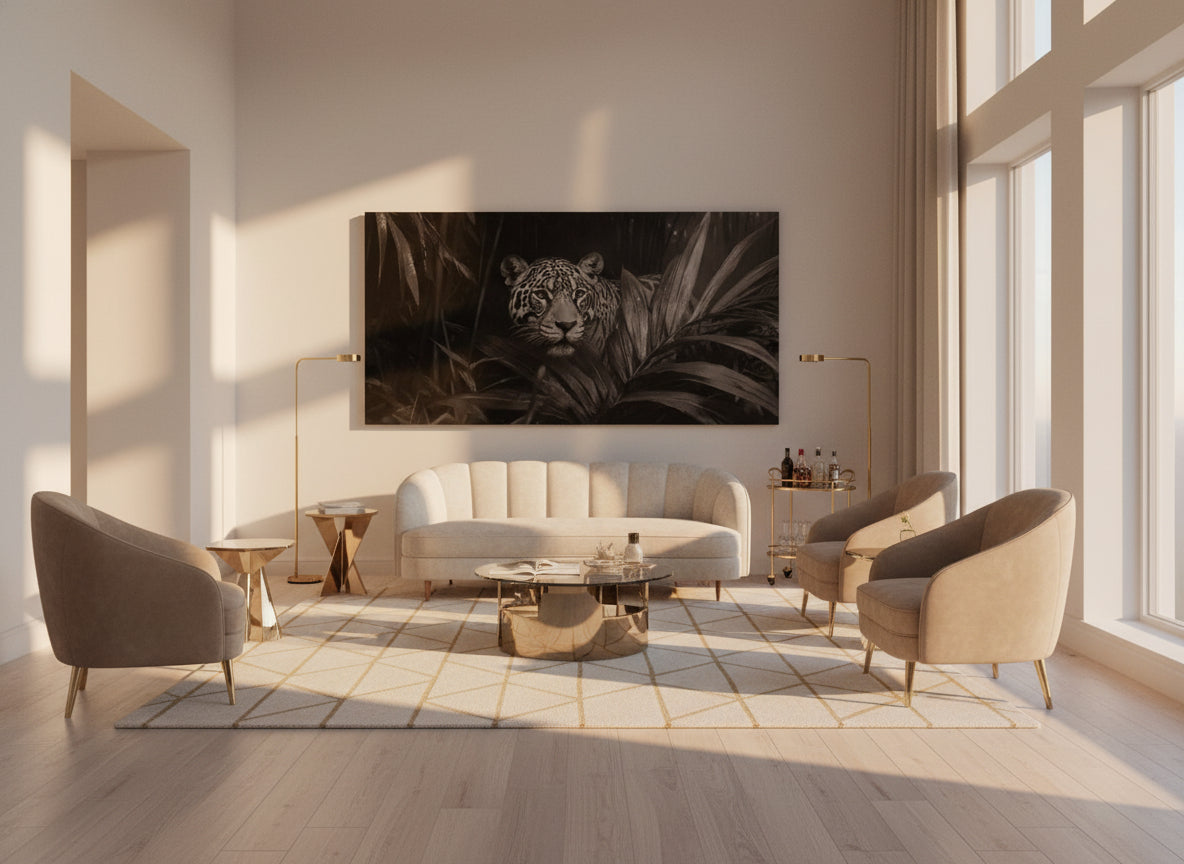 Modern living room with a large fine art print of a jaguar, surrounded by beige furniture.