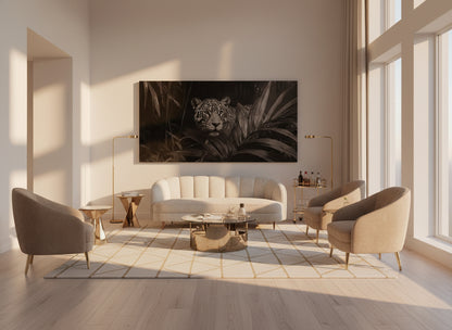 Modern living room with a large fine art print of a jaguar, surrounded by beige furniture.