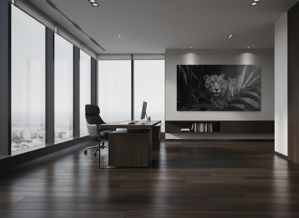 Modern office with a large desk, chair, and wall-mounted large fine art print of a jaguar